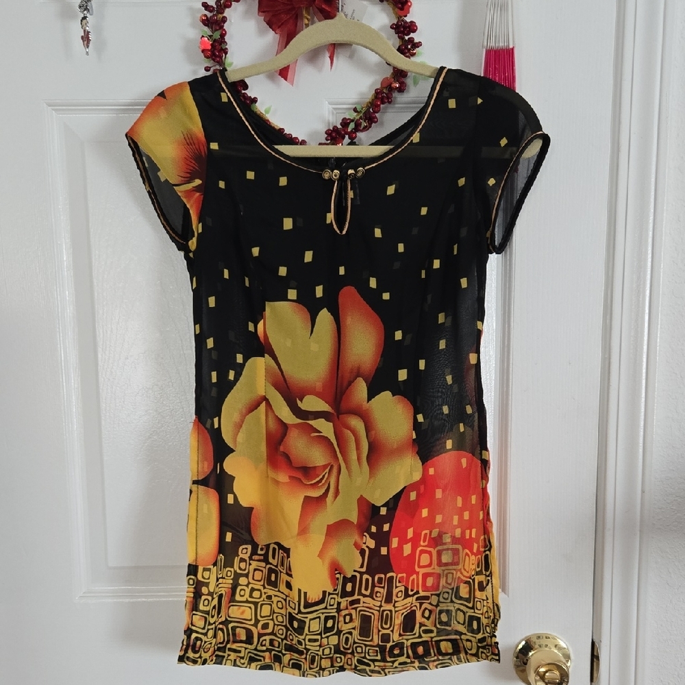 Floral Black and Orange Women's Top